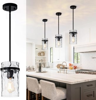 Farmhouse Pendant Lights Kitchen Island, Modern Pendant Light Fixtures Black Island Lights for Kitchen Hammered Glass Black Pendant Light Dining Room Light Farmhouse Pendant Light 1 Pack