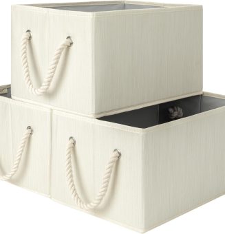 StorageWorks Large Storage Baskets for Organizing, Foldable Storage Baskets for Shelves, Fabric Storage Bins with Handles, Beige, White & Ivory, 3-Pack